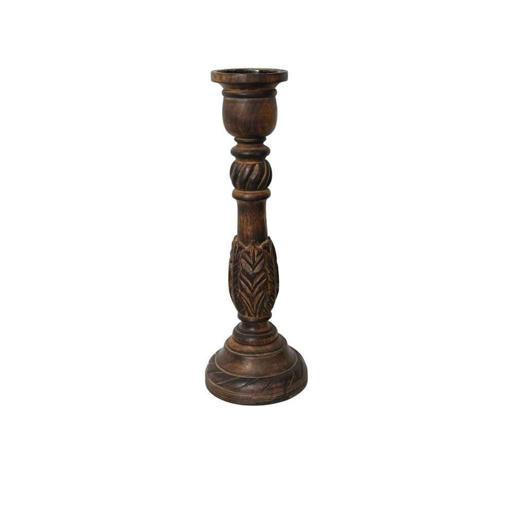 Vintage Wooden Pillar Candle Holder  18in Brown Hand Carved Pedestal